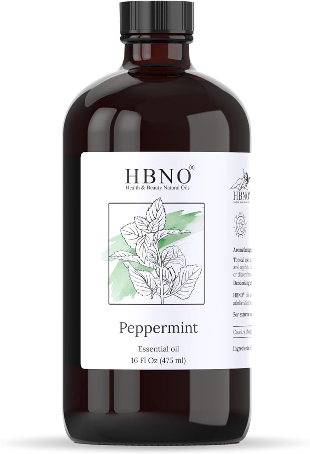 HBNO Peppermint Essential Oil - Huge 16 oz (475ml) Large Size - Ideal for Diffusers, Cleaning Agents, Deodorizers, and Flavoring Agents.