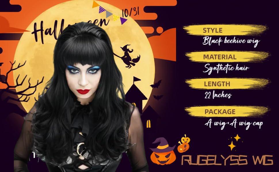 Rugelyss Long Wavy Black Wig with Bang Big Bouffant Beehive Wigs for Women fits 80s Costume or Halloween Party - Image 2