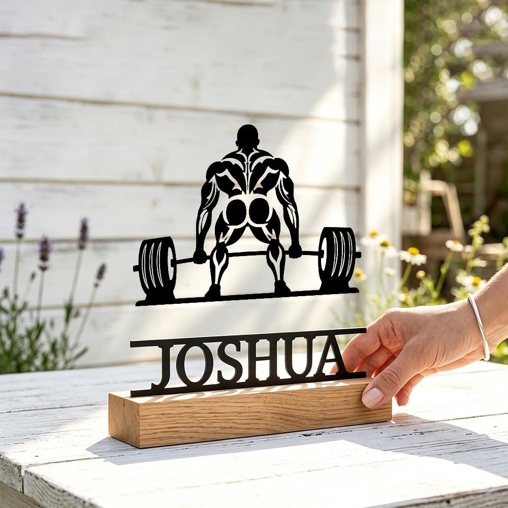 Custom Weightlifter Metal Sign with Wooden Base Personalized Fitness Decor image 5