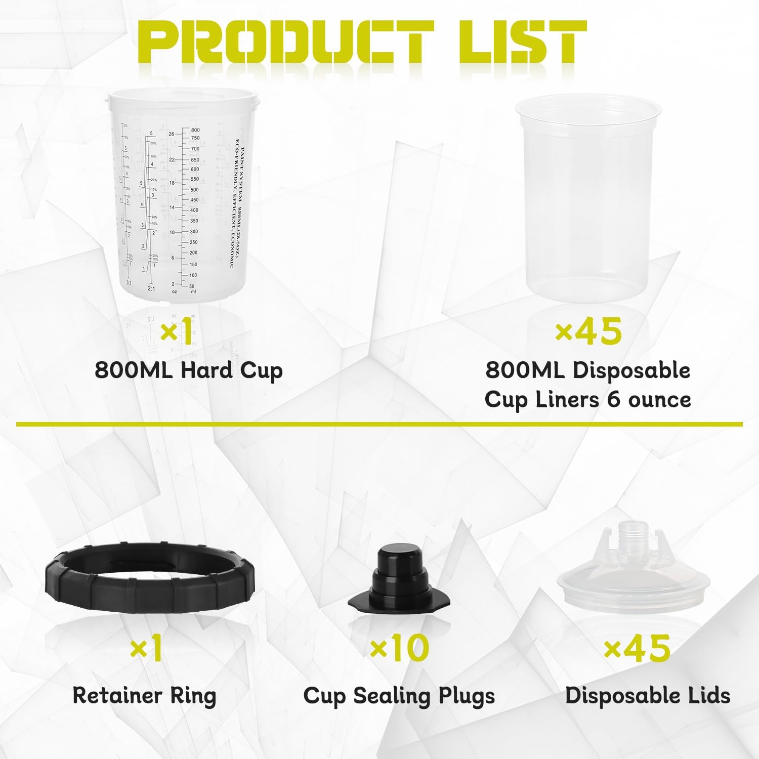 Disposable Paint Spray Gun Cups Liners and Lid System 27 Ounce (800ml)Kit with 45 Cup Liners, 45 Lids with 125 Micron Strainer, 10 Plugs and 1 Hard Cup with Retainer Ring for Primers, Coatings.