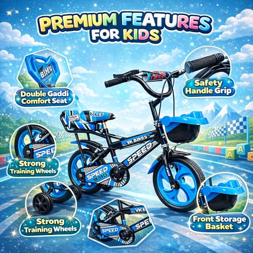 Image of Kids Cycle 14T with Training Wheels Double Gaddi (90% Assembled) for Boys and Girls (Bluee)
