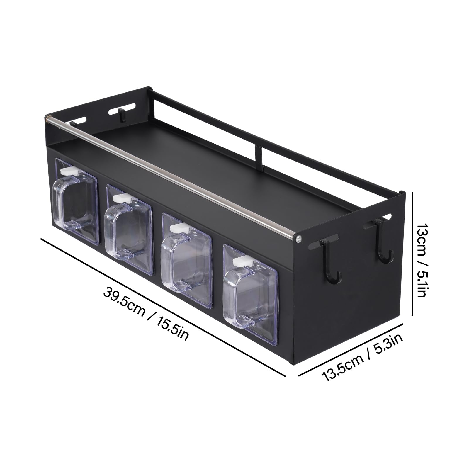 Scaffale portaspezie da parete, 39,5 x 13,5 x 13 cm, con 4 ganci, porta utensili da cucina, per cucina e bagno (nero)