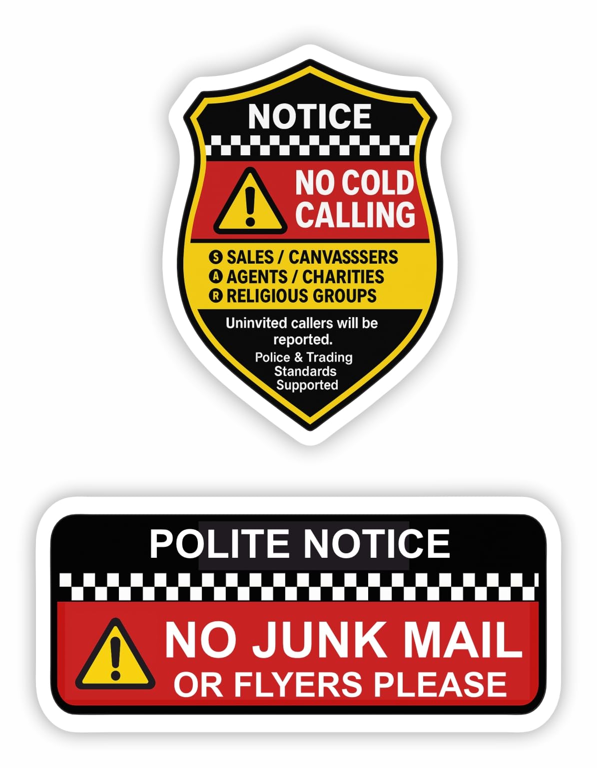 Inkati Gloss White Two Pack - No Cold Callers And No Junk Mail Stickers For Front Door, Window Or Letterbox/Effective Deterrent For Nuisance Canvassers Sales People/Weatherproof Removable & Wipeable
