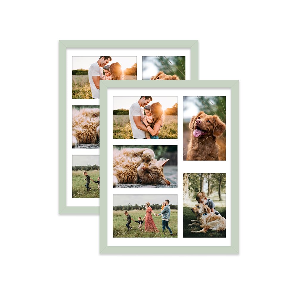 Mint Green Multi Photo Frame - Holds 5 x 6x4 Pictures, Family Collage Picture Frame for Wall Display, 14x11 Frame size, Set of 2