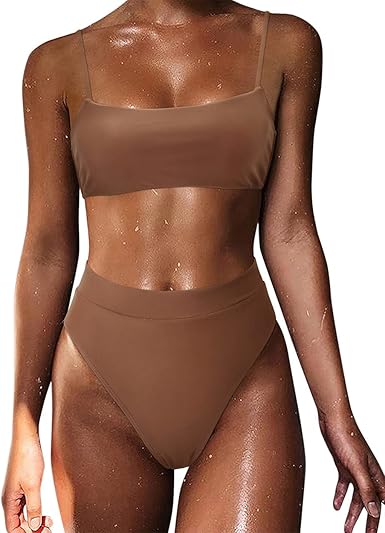 MOSHENGQI Women High Wasited Bikini Shoulder Strap 2 Piece High Cut String Swimsuits