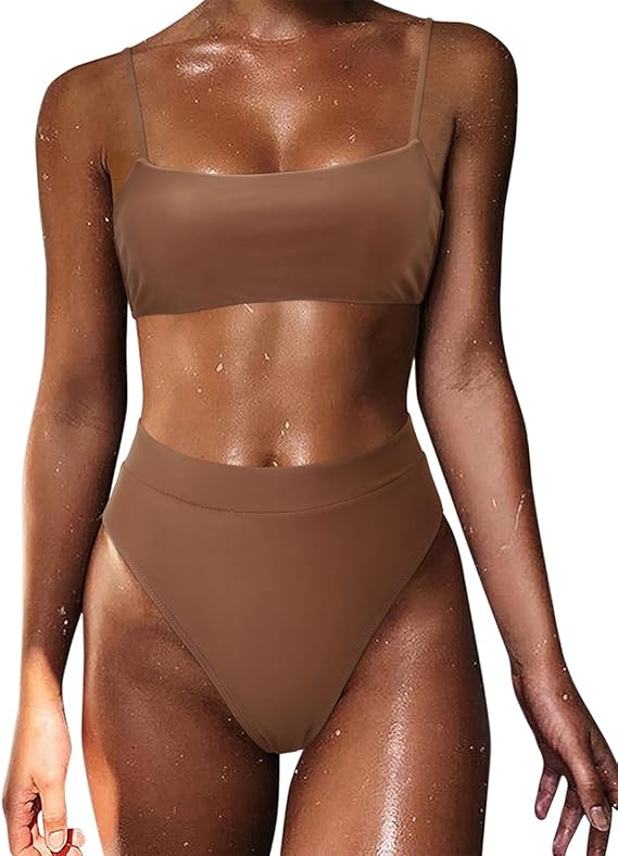 MOSHENGQI Women High Wasited Bikini Shoulder Strap 2 Piece High Cut String Swimsuits