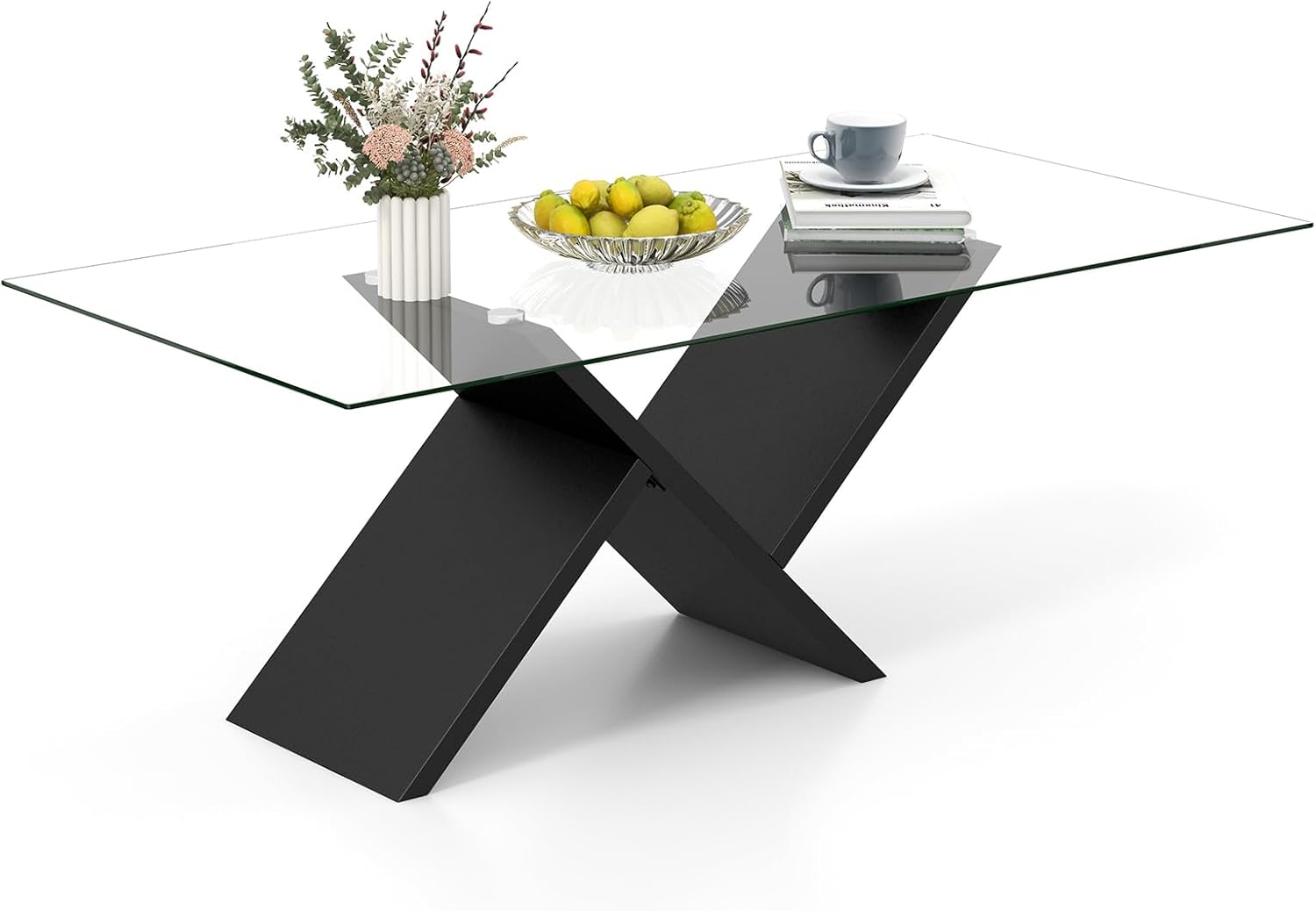 Tangkula Rectangle Glass Coffee Table, 47” Modern Center Table with Tempered Glass Tabletop & Geometric Rubber Wood Frame, Versatile Accent Table for Living Room (Black)