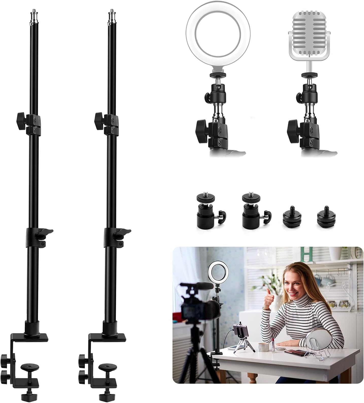 2 Pack C Clamp Desk Mount Light Stand with 1/4" Ball Head and Hot Shoe Mount Adapter, 21-45 Inch Adjustable Tabletop Bracket Stand for DSLR Camera, Ring Light, Video Monitor, Microphone Webcam