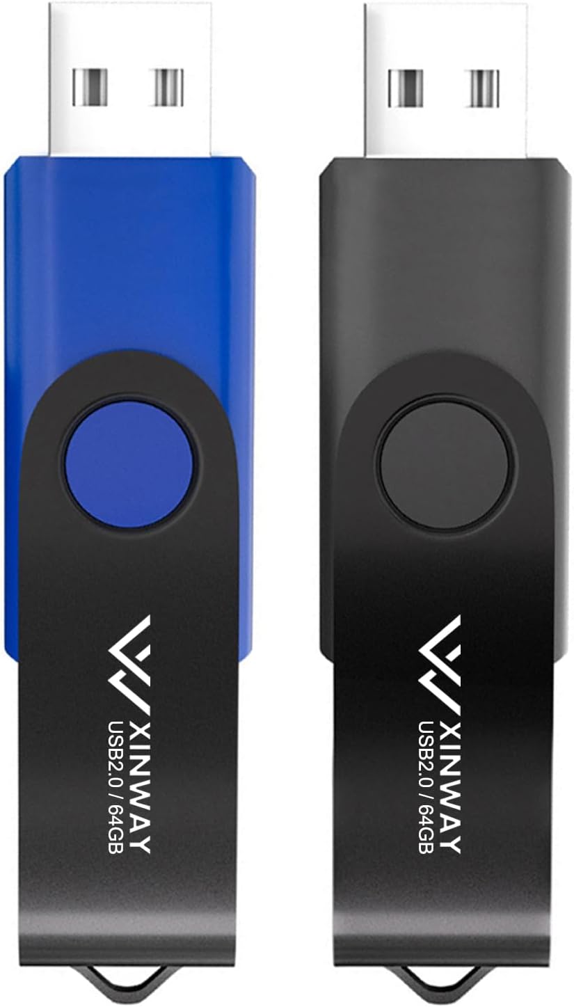 64GB USB 2.0 Flash Drives Thumb Drive Memory Stick Jump Drive Swivel Design, (2 Pack Five Colors: Black Blue)