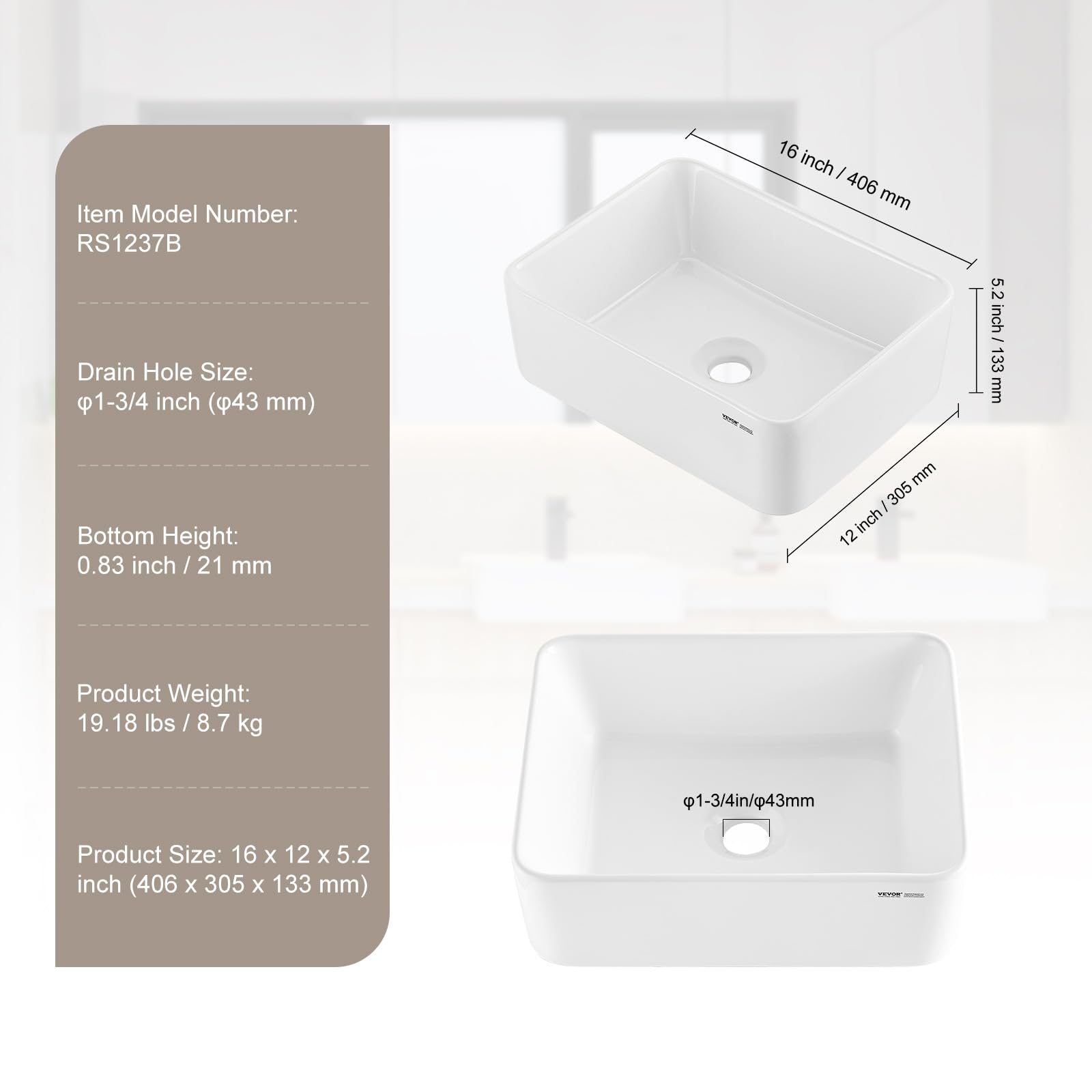 VEVOR Lavandino da Appoggio Rettangolare, 40 x 30 cm per il Bagno, Lavabo da Appoggio in Ceramica Bianca Sopra il Piano, Stile Moderno, Luminoso ed Elegante, per Bagno, Hotel, Toilette, Camper