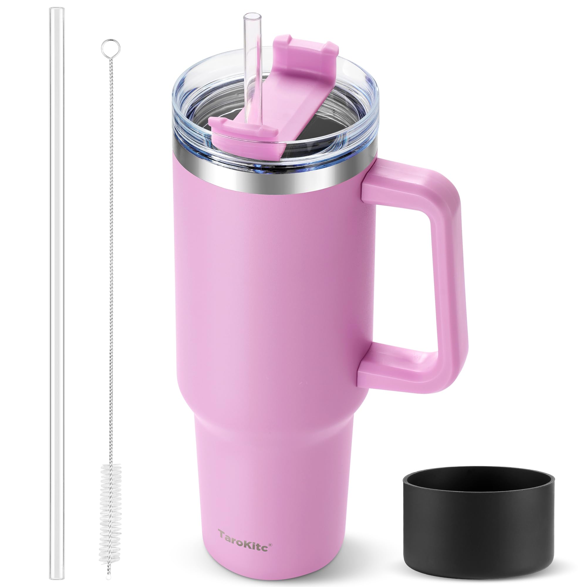 40 oz Tumbler with Handle and Straw, Pink Insulated Travel Mug Iced Coffee Cup, Reusable Stainless Steel Insulated Water Bottle, Keeps Drinks Cold for 34 Hours, Dishwasher Safe, BPA Free