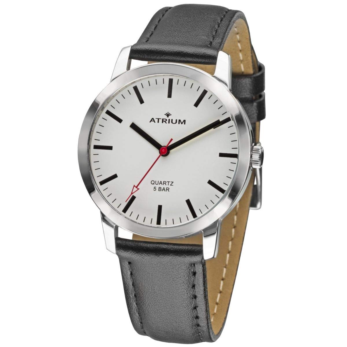 Atrium Damen Armbanduhr im Bahnhofsuhren Stil Klassisch Edelstahl silberfarben Analog Quarz sehr deutliches weißes Zifferblatt 5 Bar Lederband schwarz A22-10
