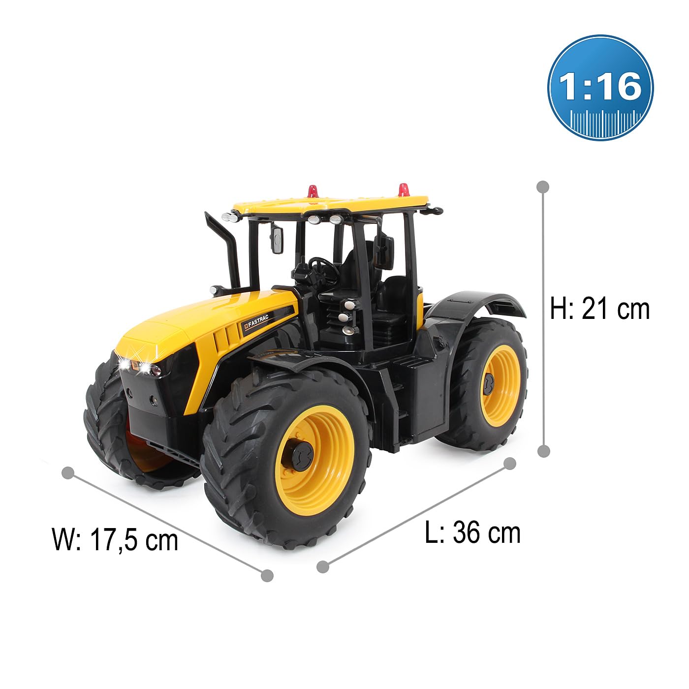 JAMARA Fastrac Traktor 1:16 2,4GHz – Motorsound (abschaltbar), Rückfahrwarnsound, Hupe, 2 Radantrieb, profilierte Gummireifen, LED Licht, Blinker, Auto-Standby und Demo-Modus, 405300, Gelb
