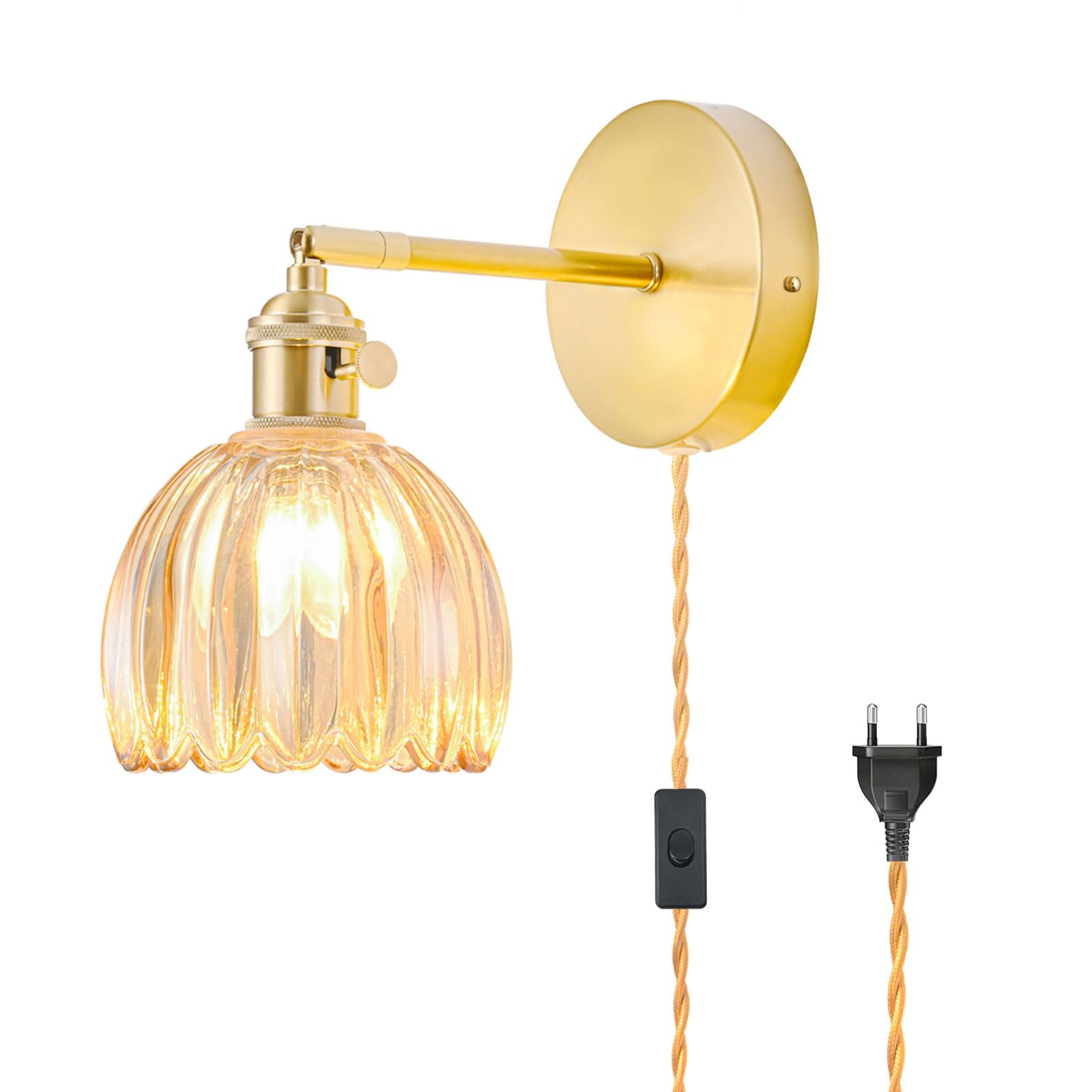 Aplique Pared con Enchufe, lámparas Pared Vintage con Pantalla de Cristal Ámbar Tipo Tulipán, Ajustable a 180° con Interruptor y Cable, Luz de Pared Dorada para Dormitorio, Bombilla no Incluida