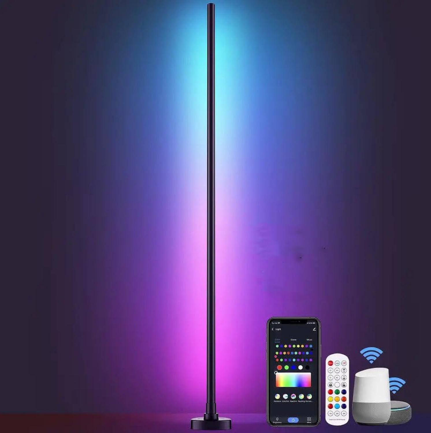 FOXBY TECH1.2m Tall Standing LED Lamp Alexa Google Home Indoor WiFi App Remote Control LED Standing Light Nordic Modern RGB Smart Corner Floor Lamp For Living Room