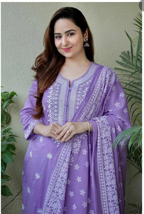 Image of Shiv Textiles Cotton Blend Solid Regular Kurta Sets for Women (JDA-EVA-Purple-XL