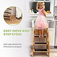 Vista 2 de StrongTek Taburete para niños, escalera con ruedas y asas de seguridad, torre de pie de madera de 3 niveles, silla convertible con escalones