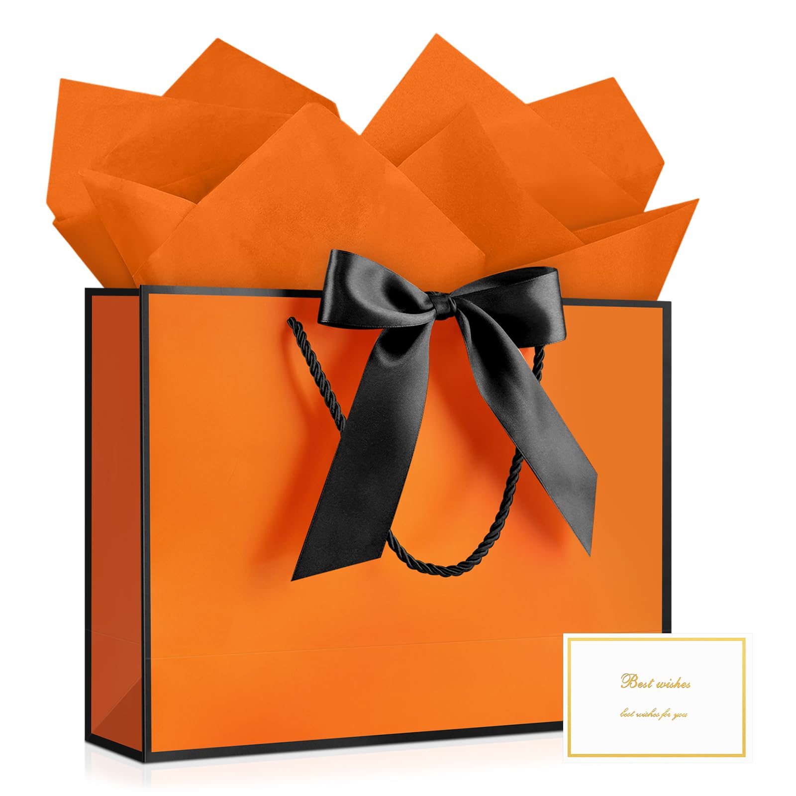 JMANNI Gift Bags with Handles, 13” Medium Gift Bag for Presents, 1 Pcs Bags with 2 Tissue Paper and 1 Cards for Graduation Baby Shower Wedding Fathers Day Mother's Day Birthday Party (Orange-Black