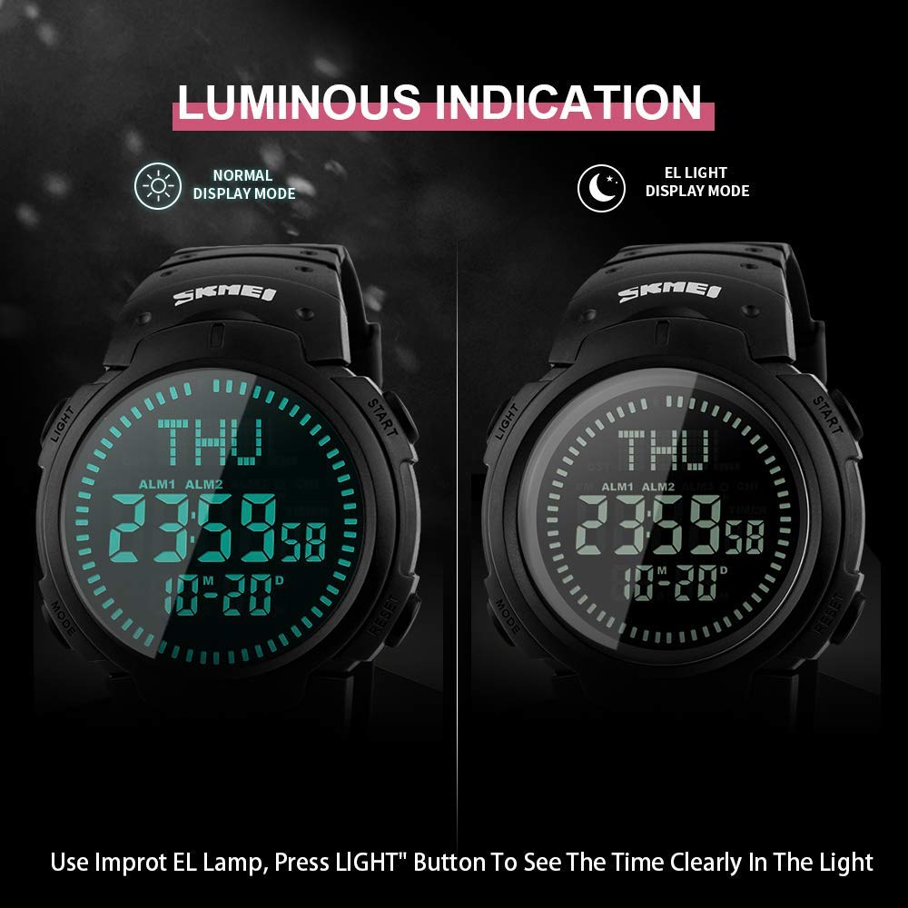 Montre numérique de sport militaire pour homme avec boussole de survie étanche jusqu'à 50 m, compte à rebours 3 alarmes, chronomètre (C-noir) (vert armée)