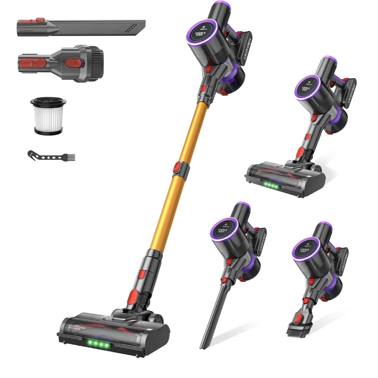 Cordless Stick Vacuum Cleaner: 550W 50KPA 45Mins with Powerful Suction, Self-Standing Lightweight Wireless Rechargeable Handheld Vacuum with Touch Screen for Home Pet Hair/Carpets/Floors