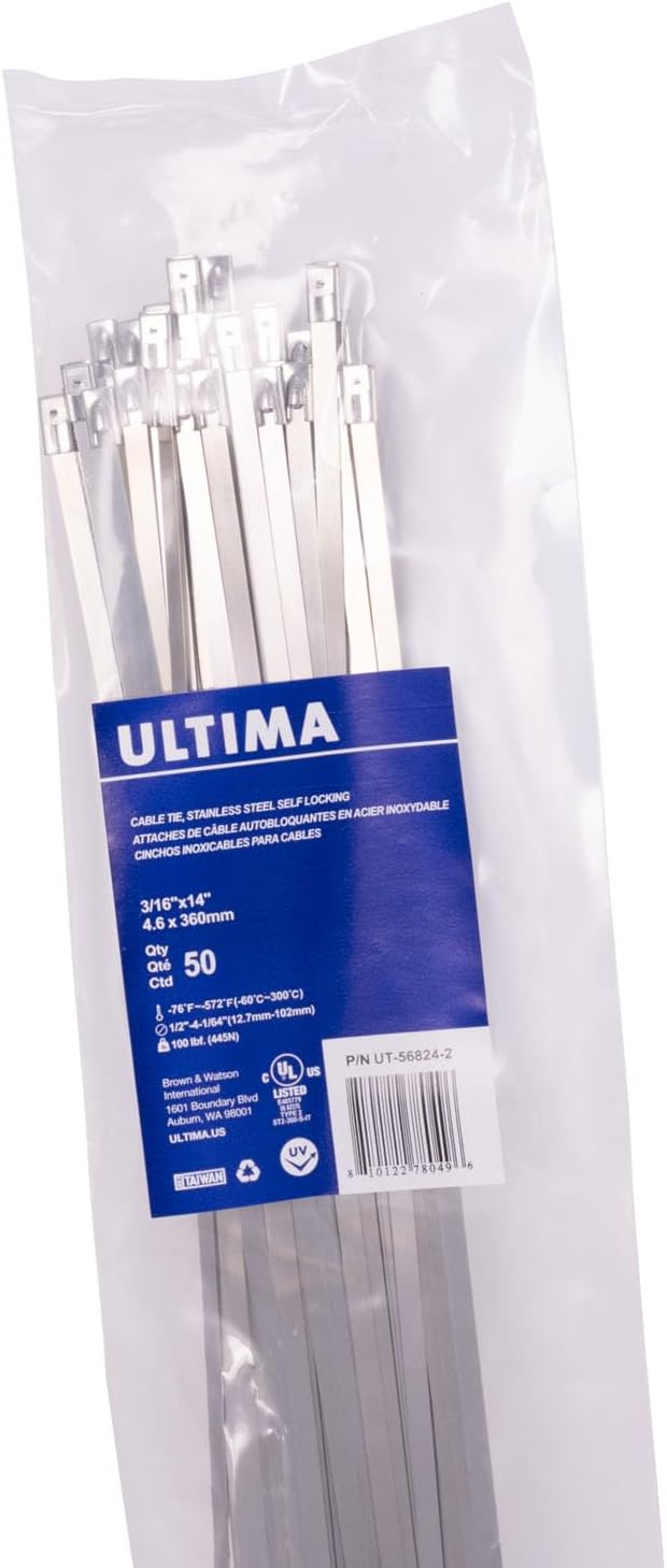 Ultima UT-56834-2 Stainless Steel Self Locking Cable Ties, Multi-Purpose Organizer for Bundling and Securing Cables Cords or Wires, 5/16" x 21", 50 Piece