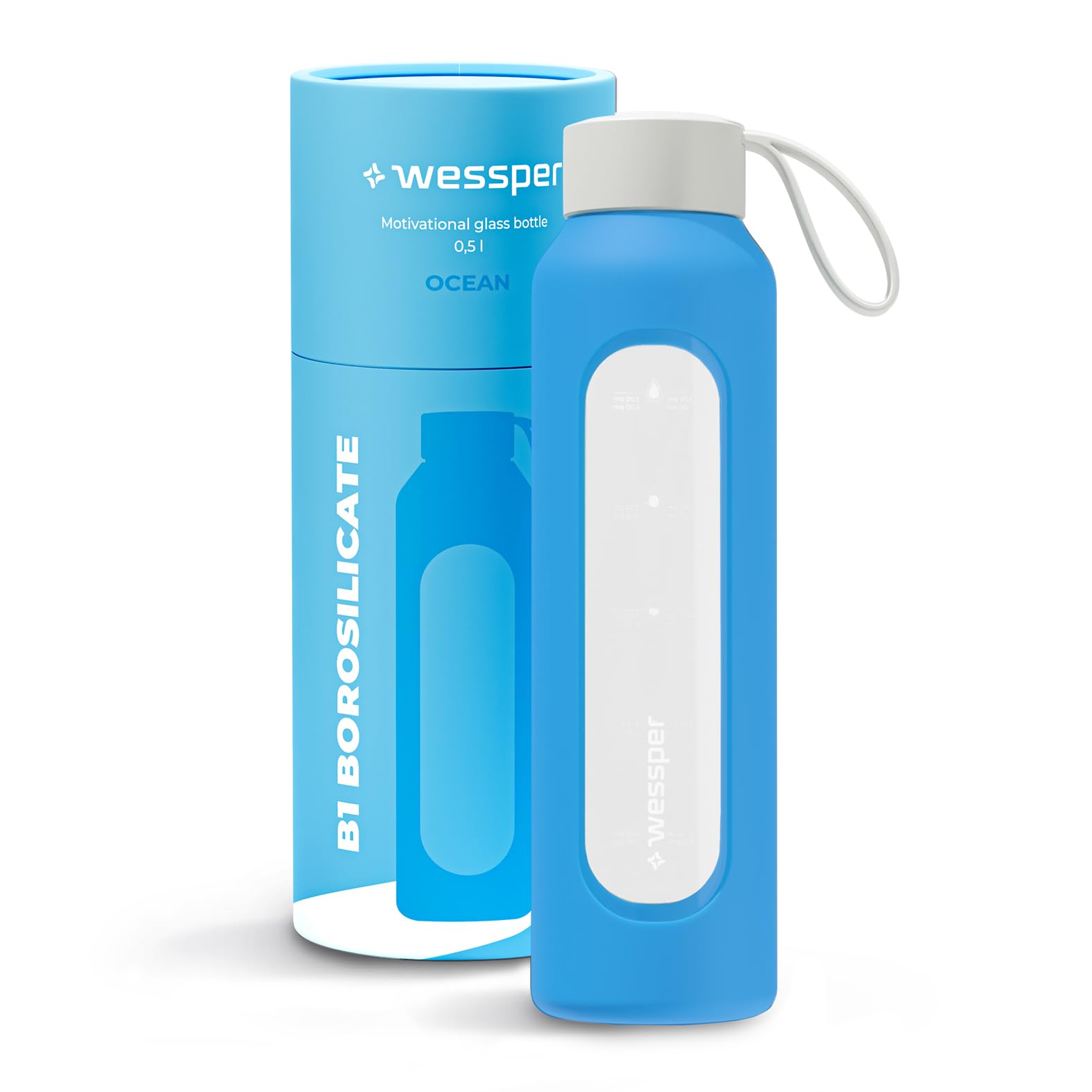 Wessper Glass Water Bottle 500ml with Silicone Sleeve, Borosilicate Glass, Time Marker, BPA-Free, Reusable Sports Bottle for Gym, School, Office – Ocean Blue