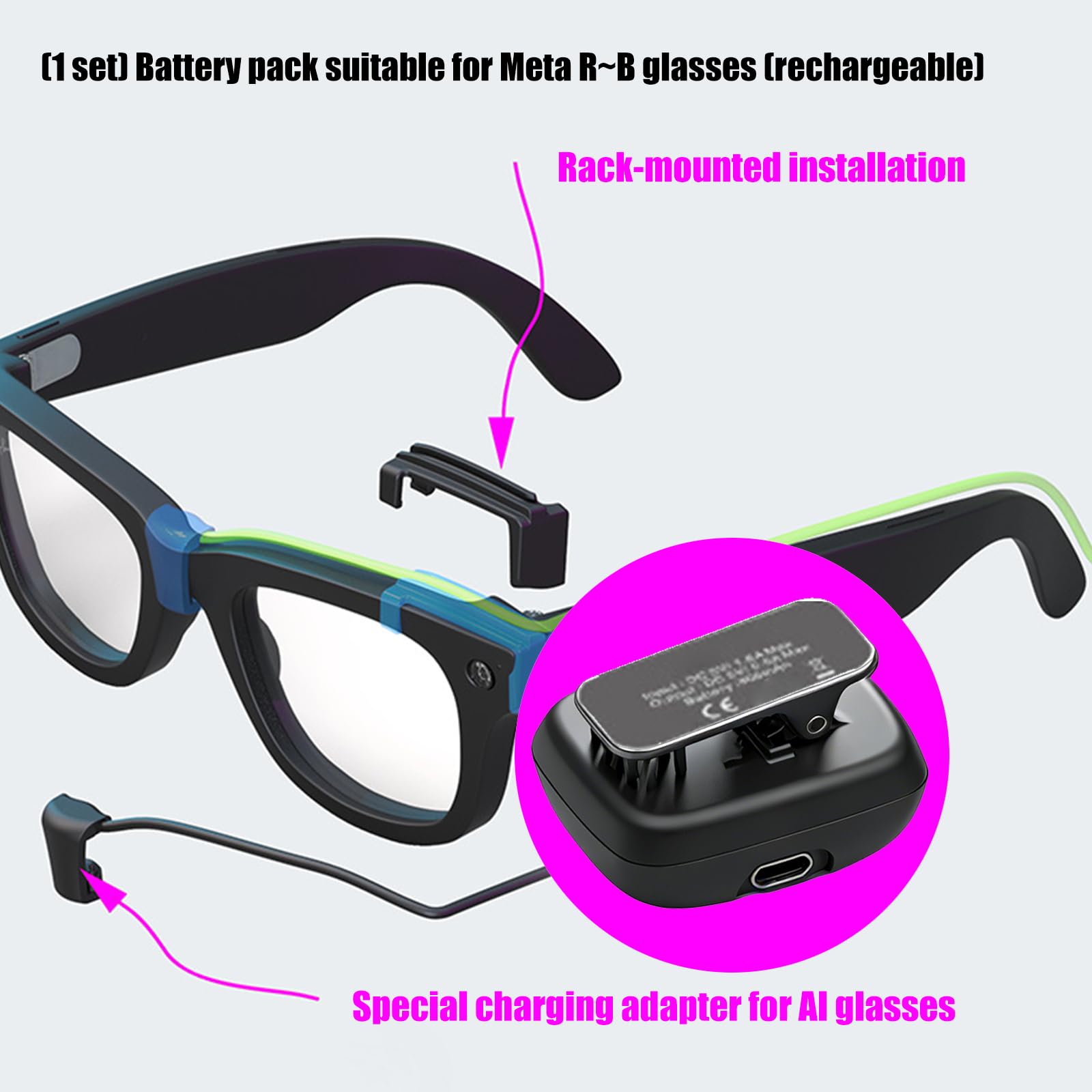 Di 2 celle di energia ricaricabili portatili per occhiali intelligenti con ricarica di tipo C e display illuminato Skyler Smart Glasses dispositivo celle di energia ricaricabili