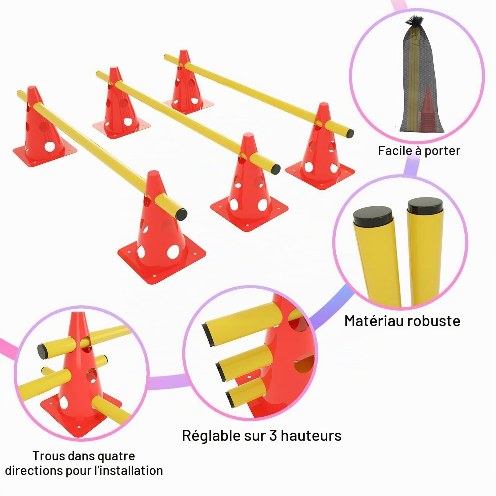 YUENFONG Set de Haies enfichables, Haies Coniques Sport 3 Trous Hauteur réglable Haies d'entraînement Set d'agilité, pour Enfants Sportifs Animaux domestiques(12 cônes Rouges 6 Barres Jaunes)