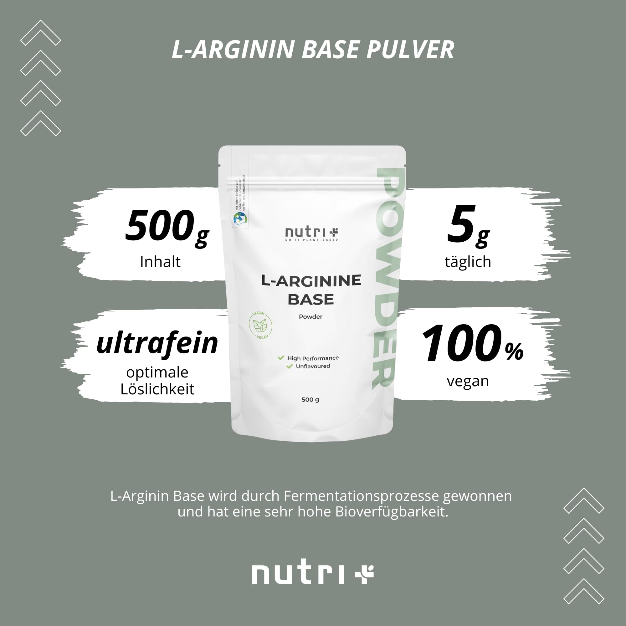 Nutri + L-Arginin Base Pulver 500 g hochdosiert + vegan - pflanzlich durch Fermentation - reines L-Arginine Powder - ohne Zusatz - Premiumqualität