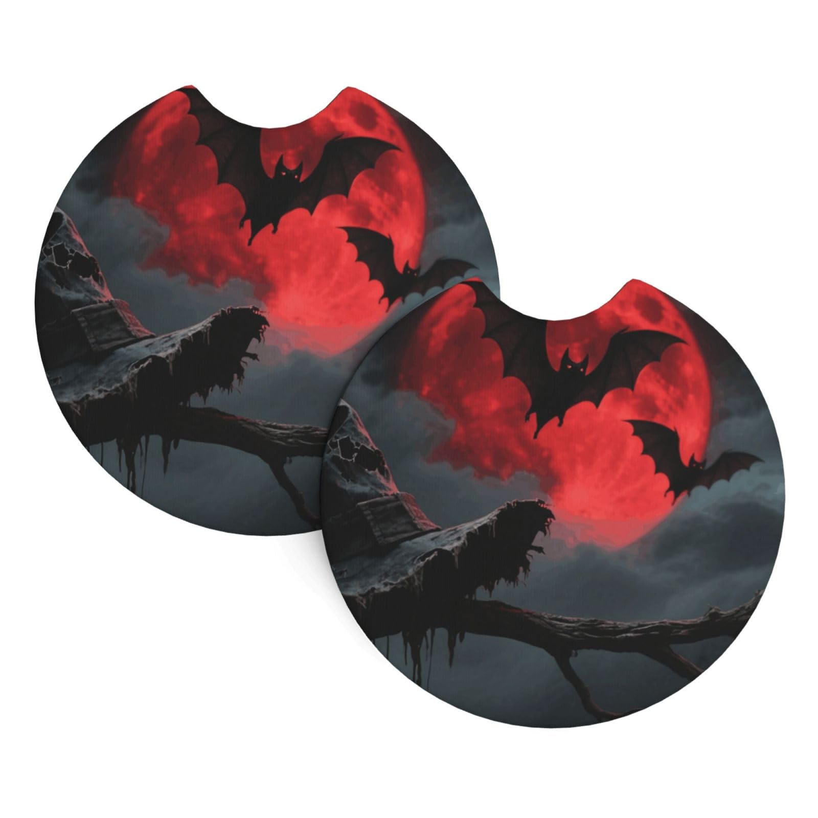 2 Pack Car Coaster for Cup Holders Halloween Moon Bat Car Cup Coaster 2.7" Neoprene Non-Slip Automotive Cup Mat Universal Auto Car Interior Accessories for Women Men Cup Pad
