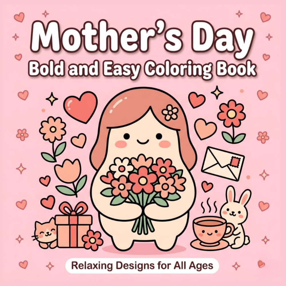 Mother's Day Coloring Book Bold and Easy Designs for All Ages: Cute Kawaii Illustrations with Flowers, Animals and Sweet Moments (Bold & Easy Coloring Books)