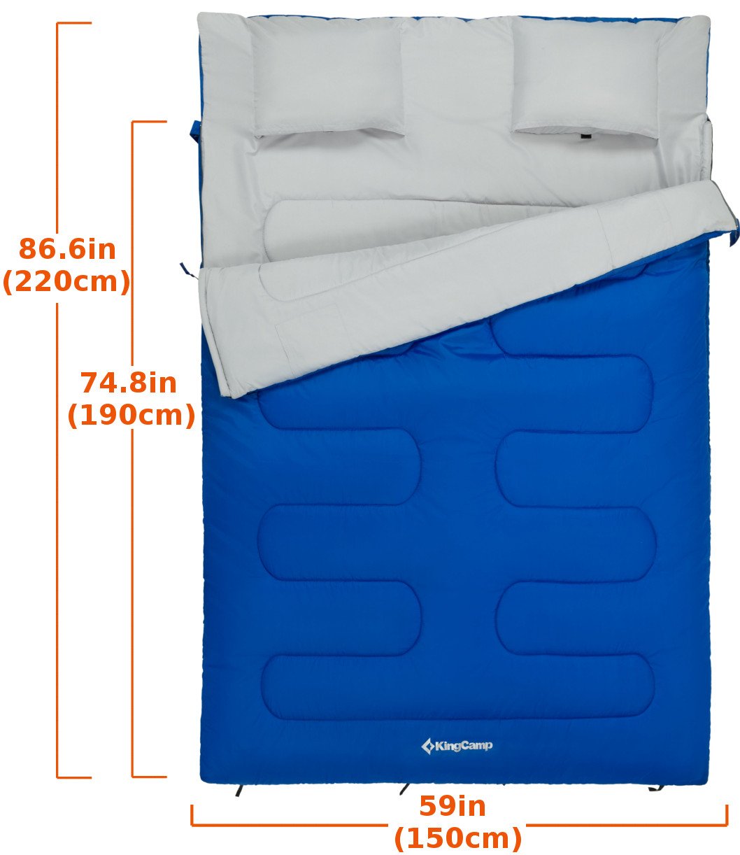 KingCamp Double Sac De Couchage Avec 2 Oreillers, Sac De Couchage Rectangulaire Camping Pour 2 Personnes Détachable Confortable Pour Tentes Camion Randonnée Extérieur Intérieur, 220 * 150cm