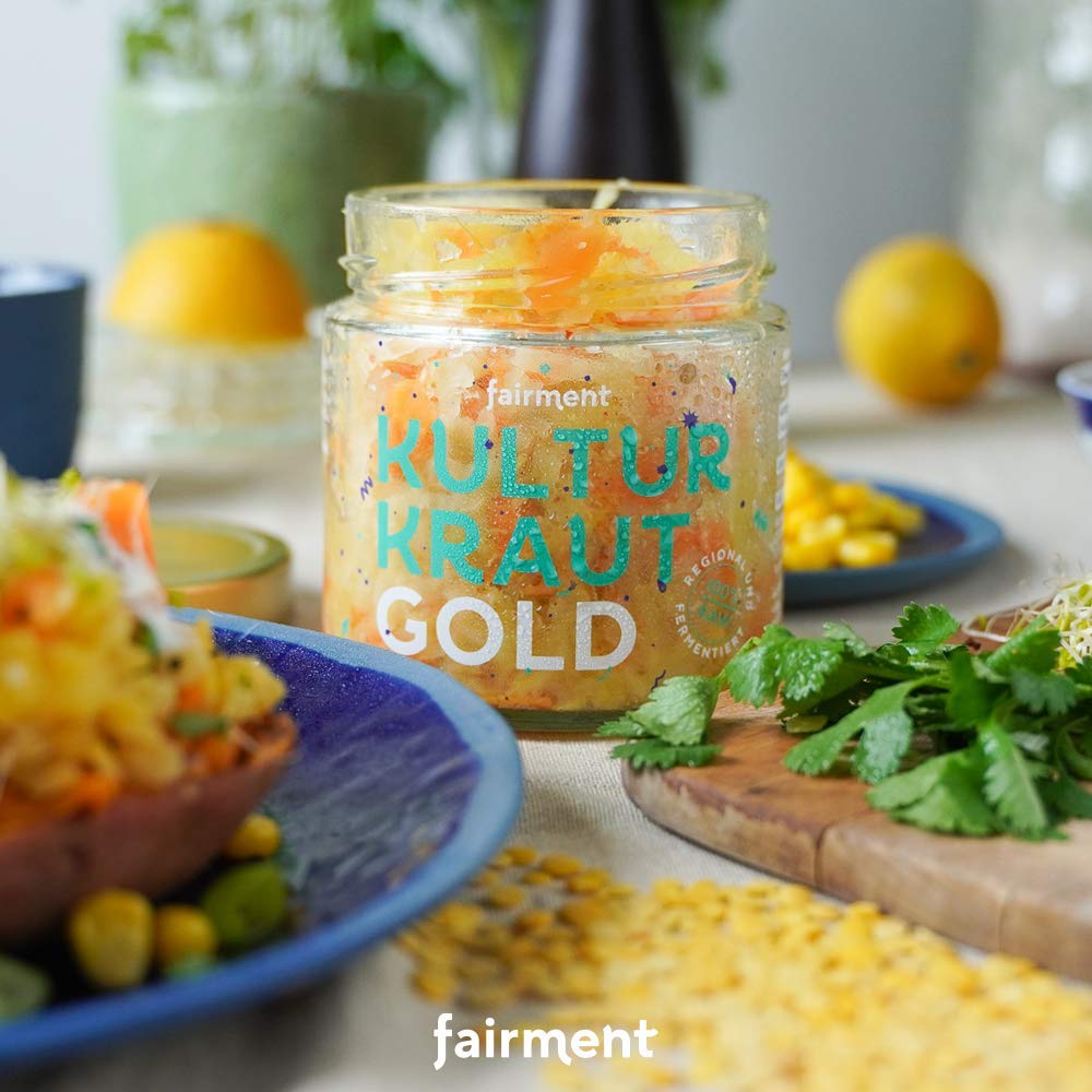 Fairment Kultur Kraut Gold - lebendiges Sauerkraut im Glas mit Karotten, Ingwer und Kurkuma - natürlich fermentiert und nicht pasteurisiert