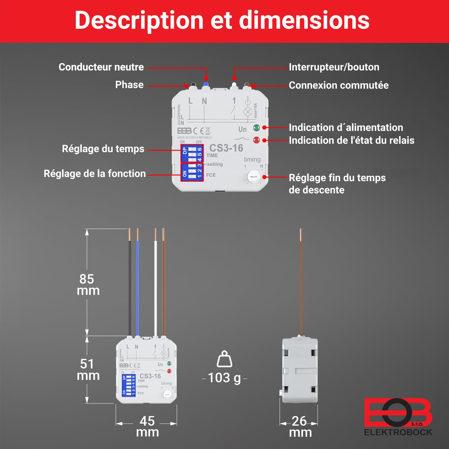 ELEKTROBOCK CS3-16 Interrupteur temporisé| Relais temporisé 230 V 16 A | Relais Multifonctionnel avec 8 Fonctions | Commande de Ventilateurs et de Pompes de Circulation