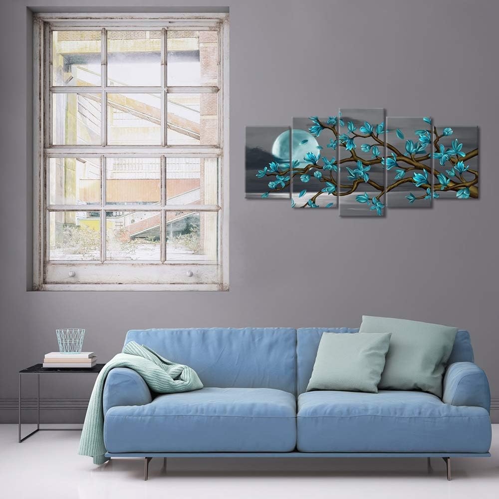 Visual Art Decor Beautiful Flowers Wall Art Abstract Teal Magnolia Blossom Over Sea Canvas Prints Gallery Wrap Floral Decoration Modern Living Room Bedroom Home Artwork Gift (W-50xH-24)