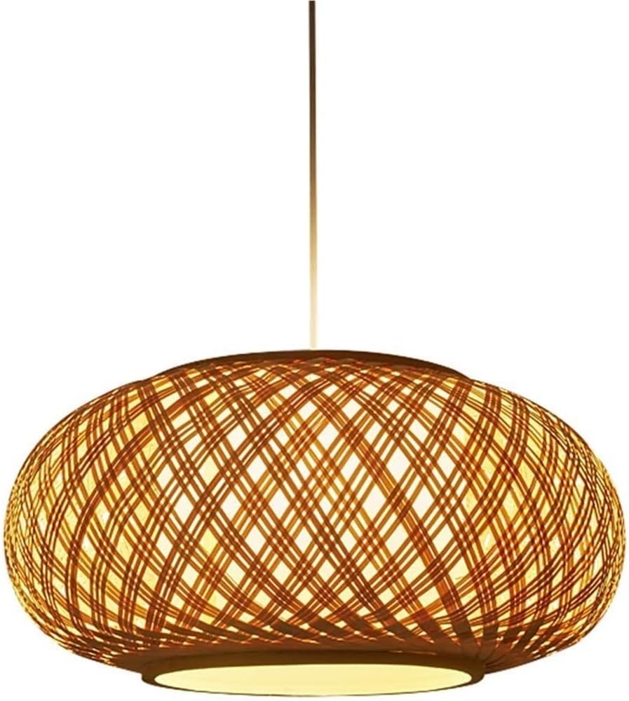 BLOOHK Round Hand-Woven Bamboo Pendant Light, Rustic Wooden Chandelier