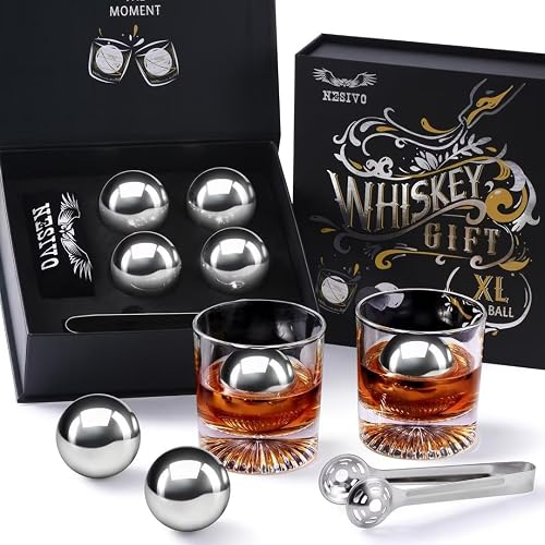 Whiskey Balls Reusable 55mm, Father's Day Bourbon Gifts for Men, Whiskey Ice Stones with Tongs, Anniversary Birthday Gif