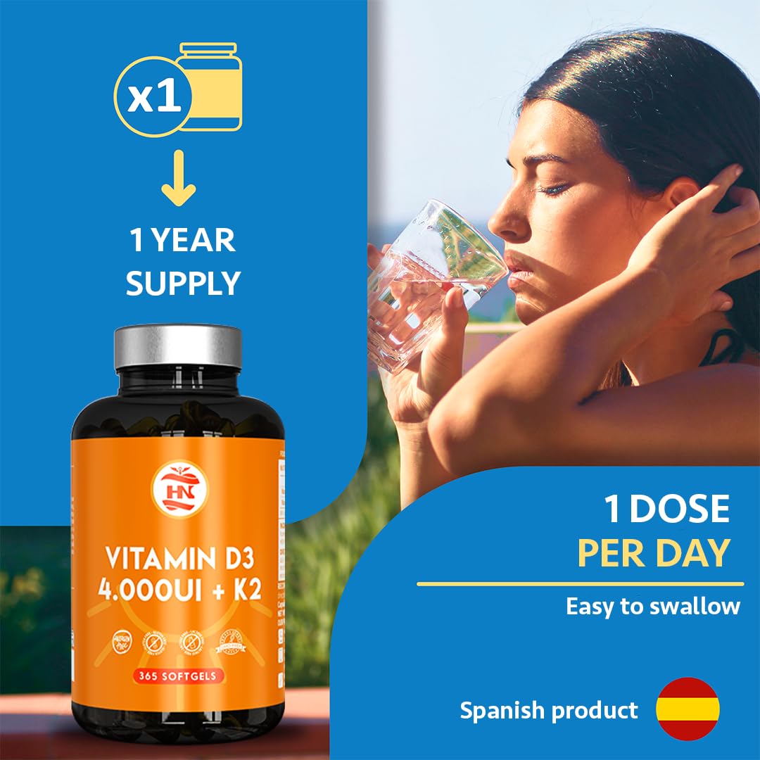 Vitamina D - 365 Cápsulas de vitamina D3 K2 – Vitamina D (4000 UI) altamente concentrada. Favorece la función inmunológica y ósea - 365 cápsulas
