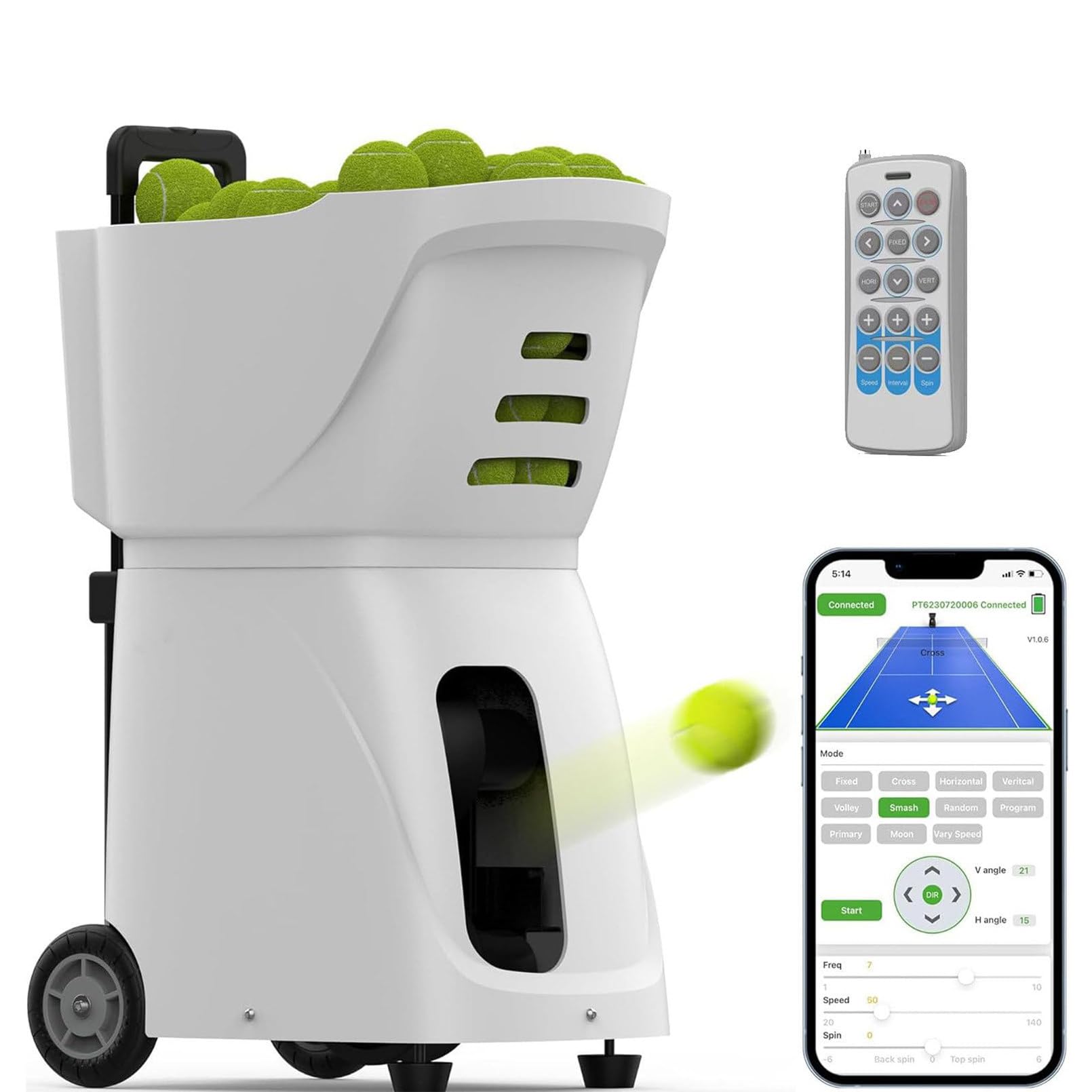 Máquina lanzapelotas de Tenis con Capacidad para más 100 Pelotas, batería 4 a 6 Horas alimentación Externa, Control Remoto Inteligente, Principiantes y Jugadores intermedios,White