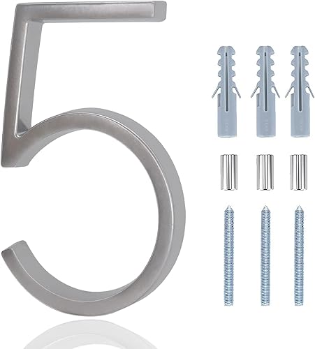 Metal Numbers for House Outside, 5 Inch Modern House Numbers, DIY Floating Address Numbers with Screws, Rust Free Zinc Alloy, Silver Number 5