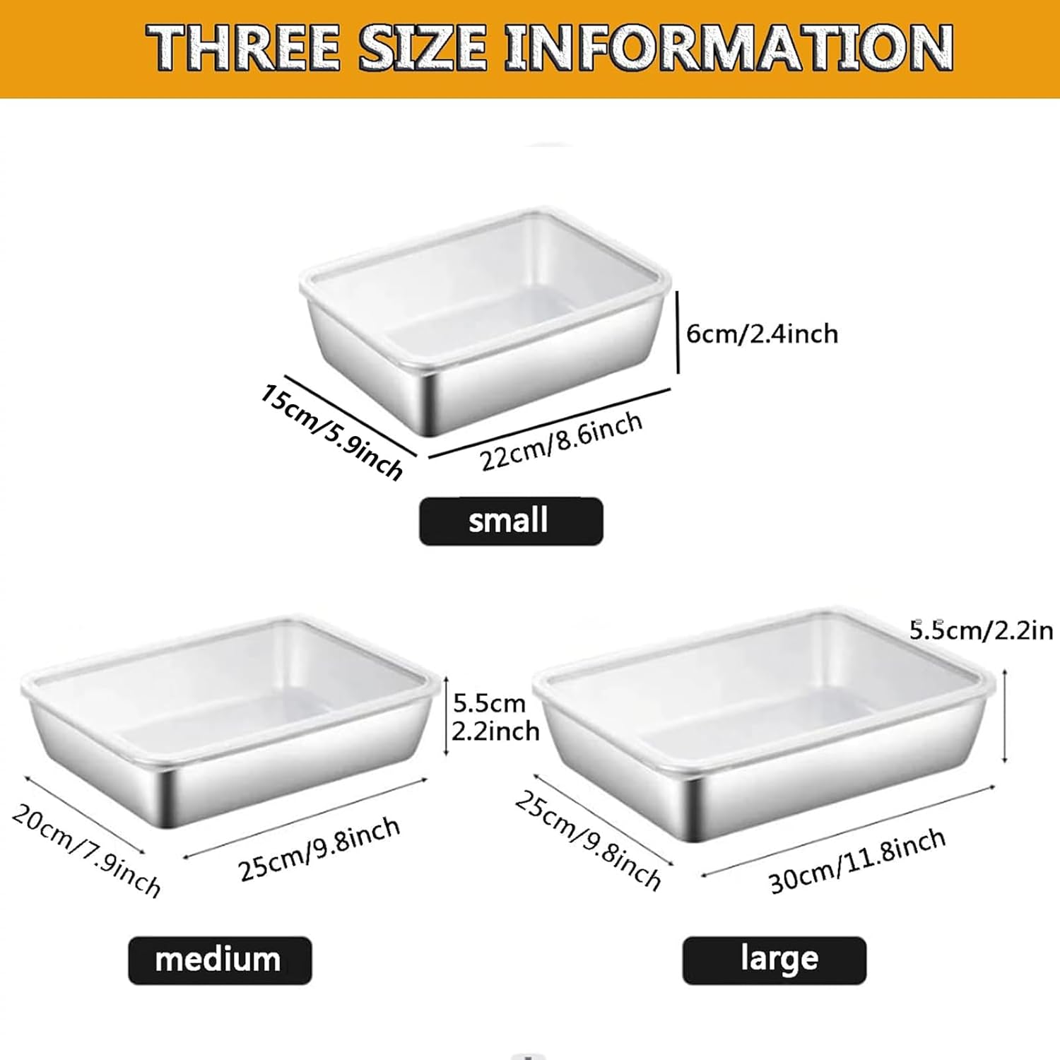 Stainless Steel Square Plate with Lid, Japanese-Style Stainless Steel Tray, 304 Food Grade Baking Plate Sheet, for Oven Microwave (3Pcs) (M)