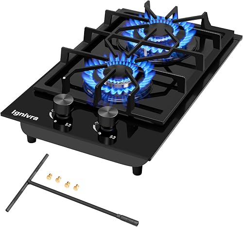 Placa de cocina de gas con 2 quemadores, estufa de gas integrada de 12000 W, estufa de gas de vidrio templado de cristal negro, estufa de propano