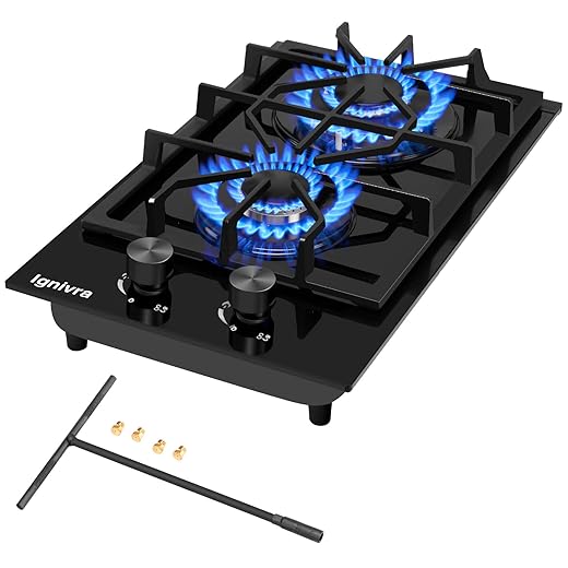 Gas Cooktop 2 Burner,12000W Built-in Gas Stove, Black Crystal Tempered Glass Propane Cooktop, 20.08x12.2" Top Propane Stove Indoor LPG/NG Dual Fuel Hob for Apartment Kitchen RV