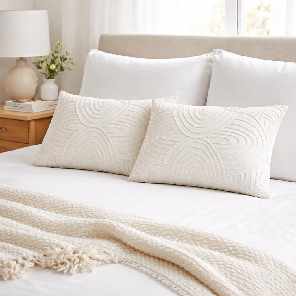 Bedding Craft Pillow Covers Set of 2 – Embroidered Pattern Throw Pillow Cases – 14x20 Inch Cotton Cushion Covers for Sofa, Couch, Bedroom, Living Room Décor – White Decorative Pillow Covers