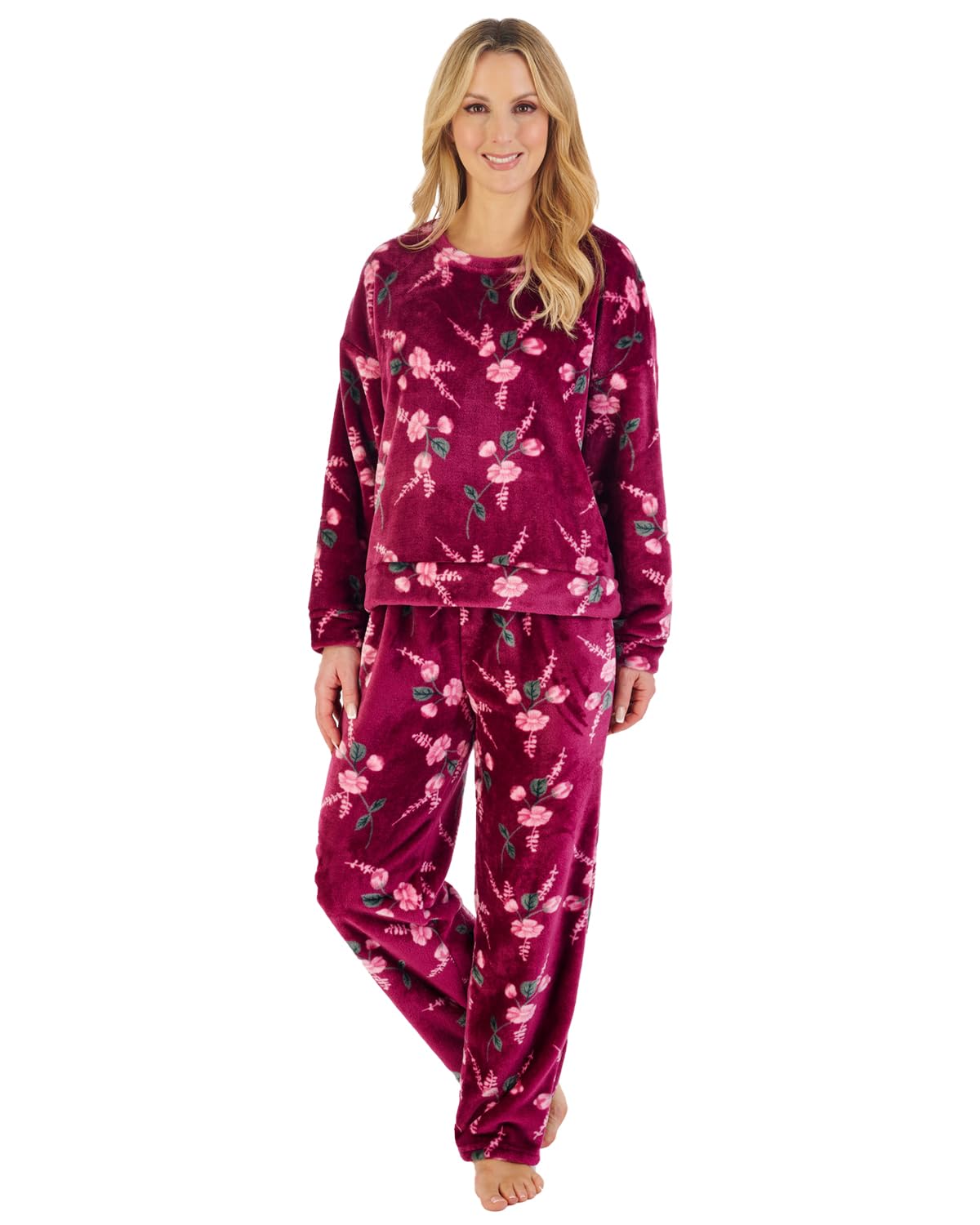 Slenderella Ladies Floral Fleece Pyjamas PJ06314 Damson Small