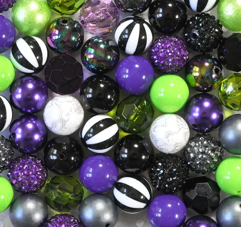 20mm Beetle Buzz Bubblegum Bead Mix Purple Lime Black Chunky Plastic Beads in Bulk