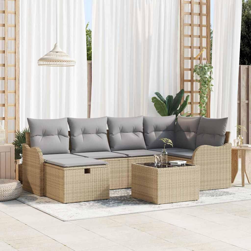 Modułowa sofa ogrodowa, 7-częściowy, z beżowego polirattanu z poduszkami i miejscem do przechowywania, łukowate podłokietniki, malowana proszkowo rama stalowa, wodoodporna torba