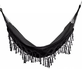 Hamaca portátil de camping con borlas duradera y plegable para uso en interiores y exteriores, color negro, 200 x 150 cm
