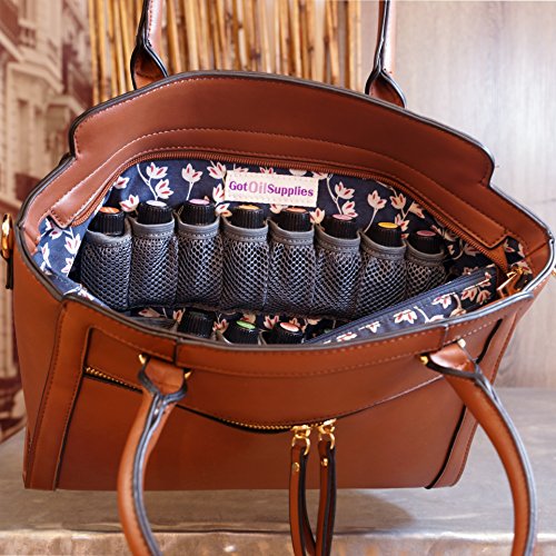 Got Oil Supplies Essential Oils Carrying Bag - Shopper Bag with Shoulder Strap and Storage Pouches for 16 Bottles - Travel Purse - Makeup Carrier and Organizer - Gift Bags for Oilers (Brown)