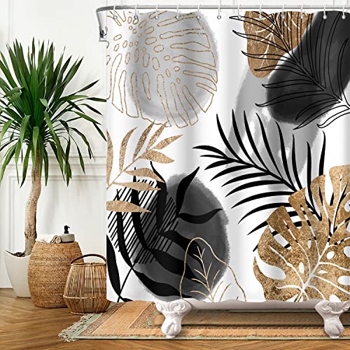Ttincceer Boho Shower Curtain 60x72inch Abstract Black Gold Palm Leaves Shower Curtains for Bathroom Bohemia Mid Century Tropical Leaves Bath Curtains with Hooks Washable Bathtub Curtain - Image 2